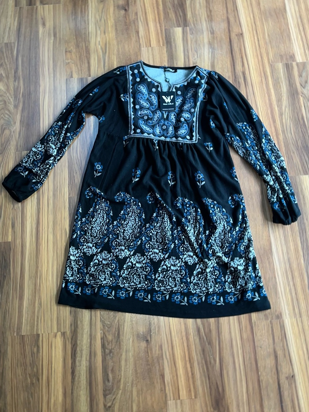 White Mark Black Dress with Blue Paisley Embroidery